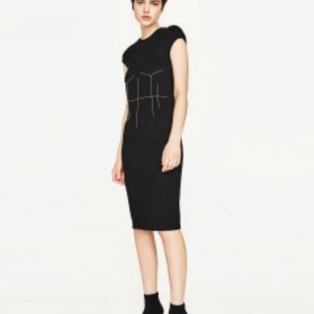 Zara Black White Midi Abstract Print Dress XL
